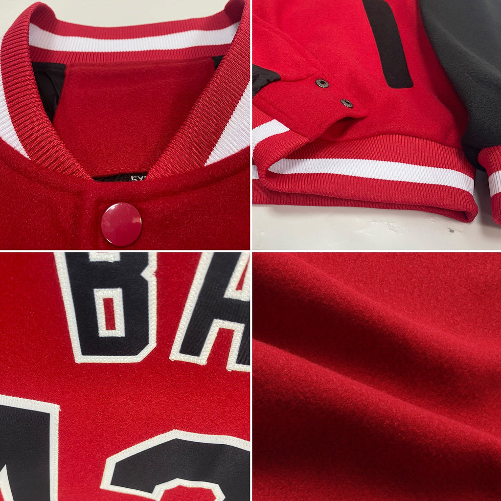 Custom Red Black-White Bomber Full-Snap Varsity Letterman Two Tone Jacket
