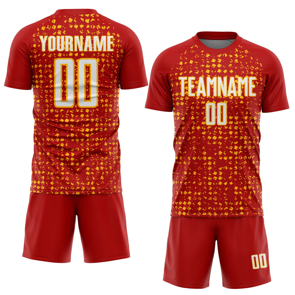 Custom Red White-Gold Digital Geometric Fragment Speckles Sublimation Soccer Uniform Jersey