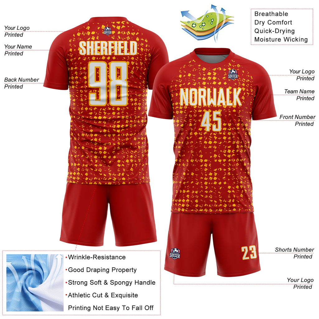 Custom Red White-Gold Digital Geometric Fragment Speckles Sublimation Soccer Uniform Jersey