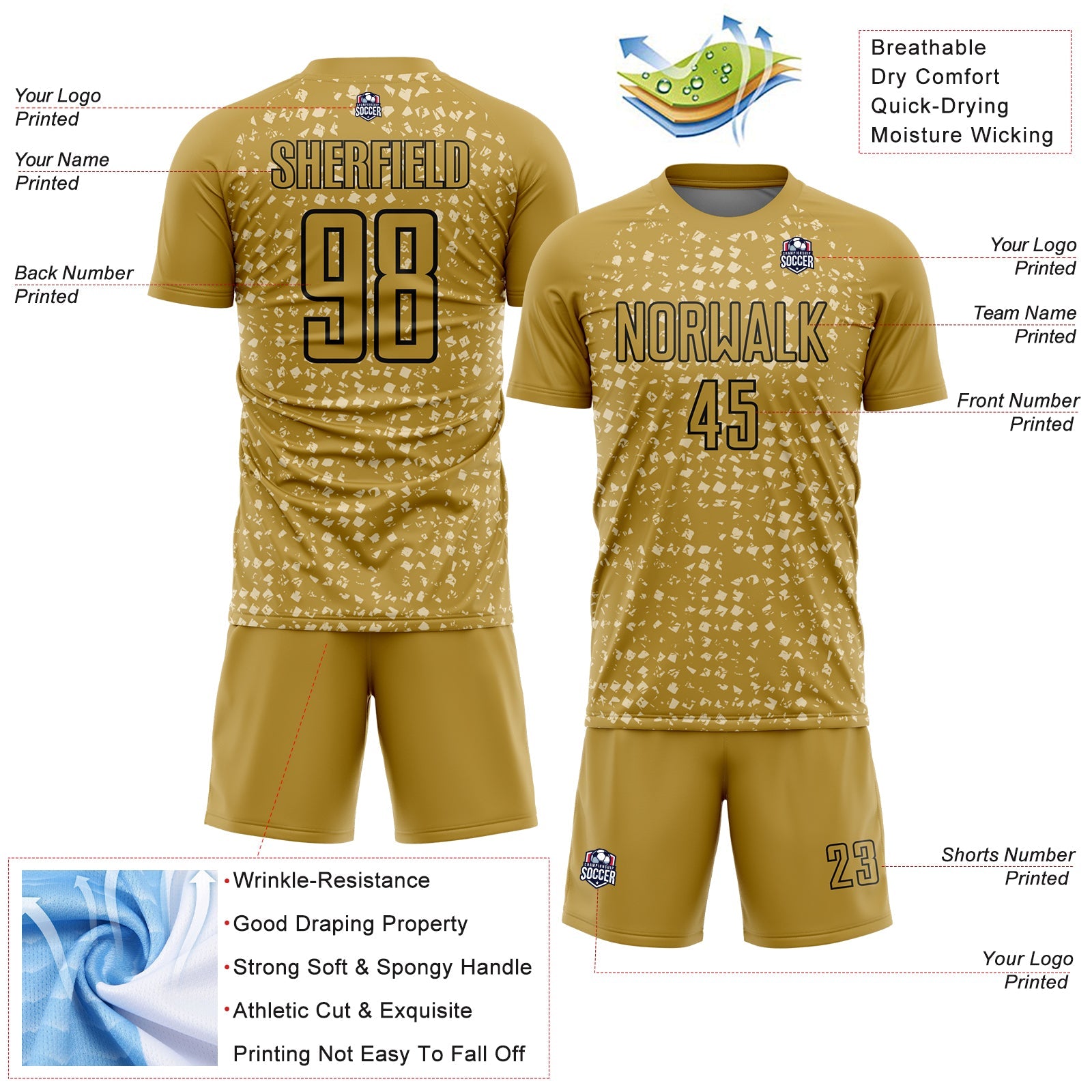 Custom Old Gold Black-Cream Digital Geometric Fragment Speckles Sublimation Soccer Uniform Jersey