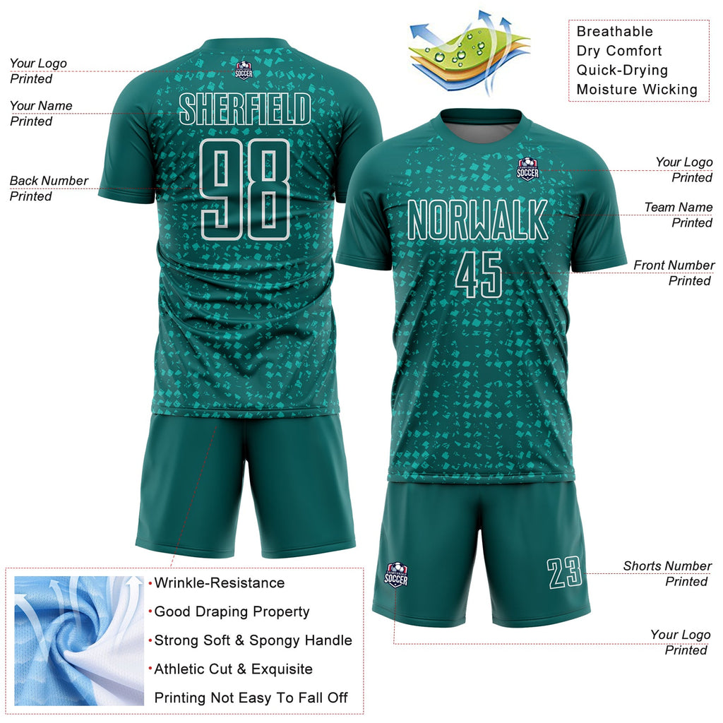 Custom Teal White-Aqua Digital Geometric Fragment Speckles Sublimation Soccer Uniform Jersey
