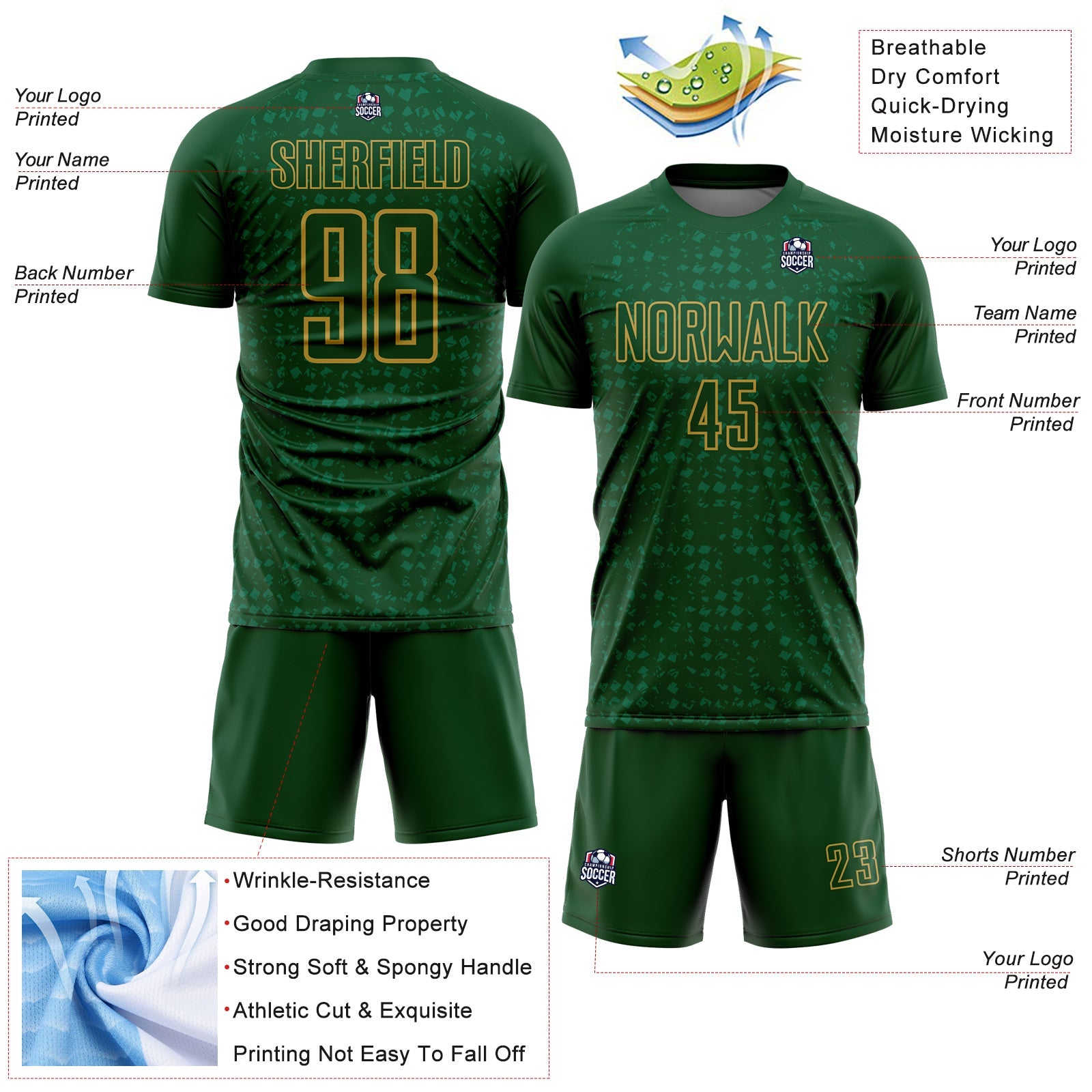 Custom Green Old Gold-Kelly Green Digital Geometric Fragment Speckles Sublimation Soccer Uniform Jersey