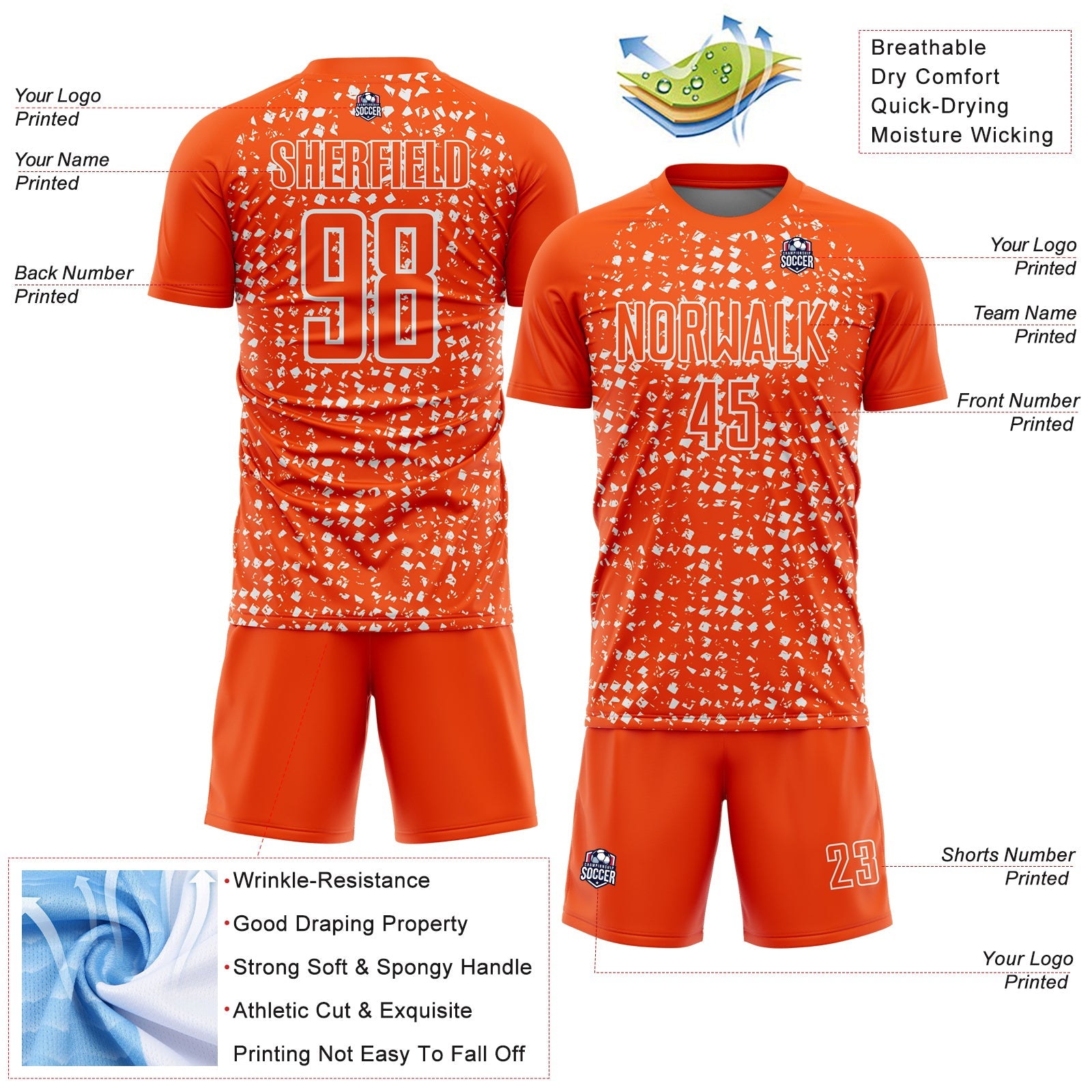 Custom Orange White Digital Geometric Fragment Speckles Sublimation Soccer Uniform Jersey