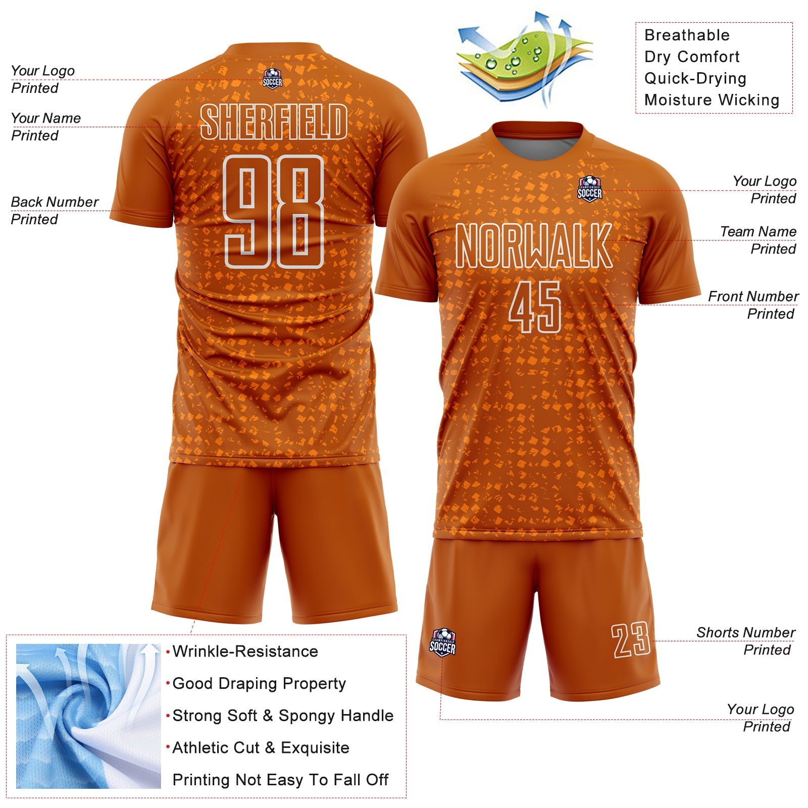 Custom Texas Orange White-Bay Orange Digital Geometric Fragment Speckles Sublimation Soccer Uniform Jersey