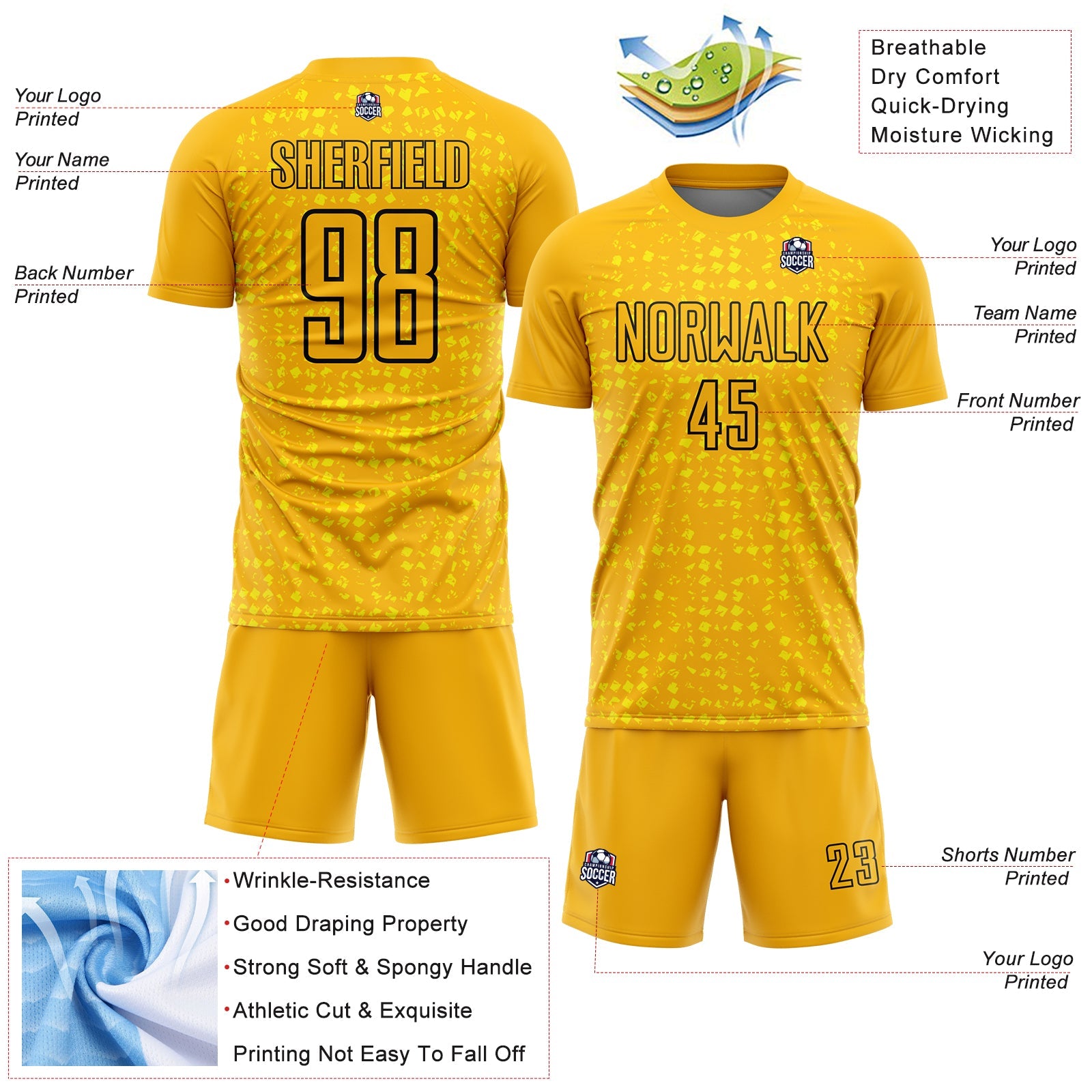 Custom Gold Black-Light Yellow Digital Geometric Fragment Speckles Sublimation Soccer Uniform Jersey