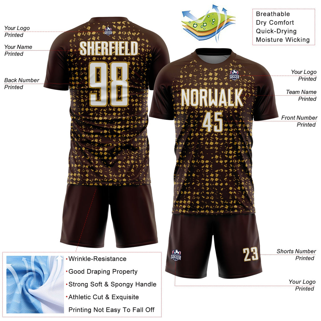 Custom Brown White-Old Gold Digital Geometric Fragment Speckles Sublimation Soccer Uniform Jersey