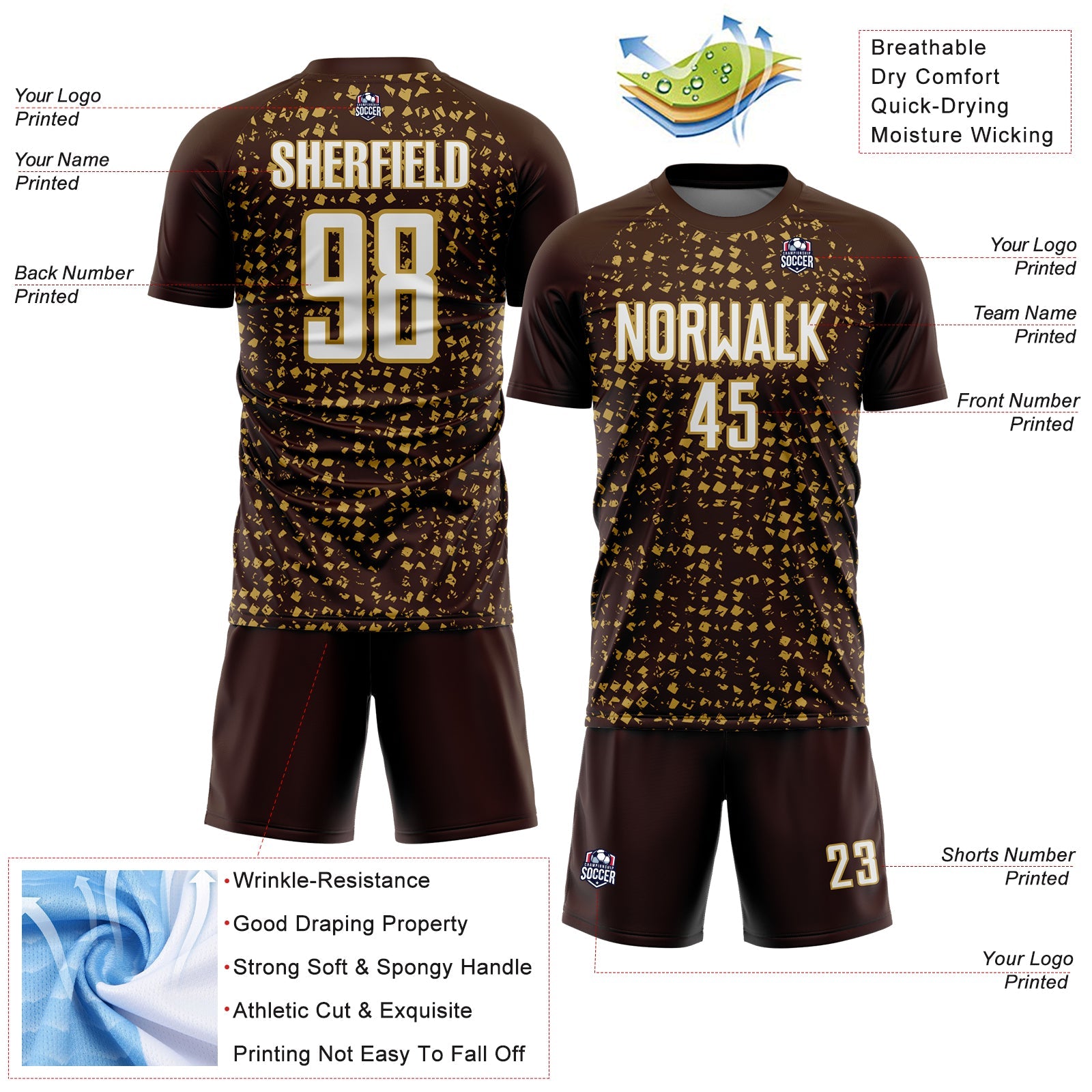 Custom Brown White-Old Gold Digital Geometric Fragment Speckles Sublimation Soccer Uniform Jersey