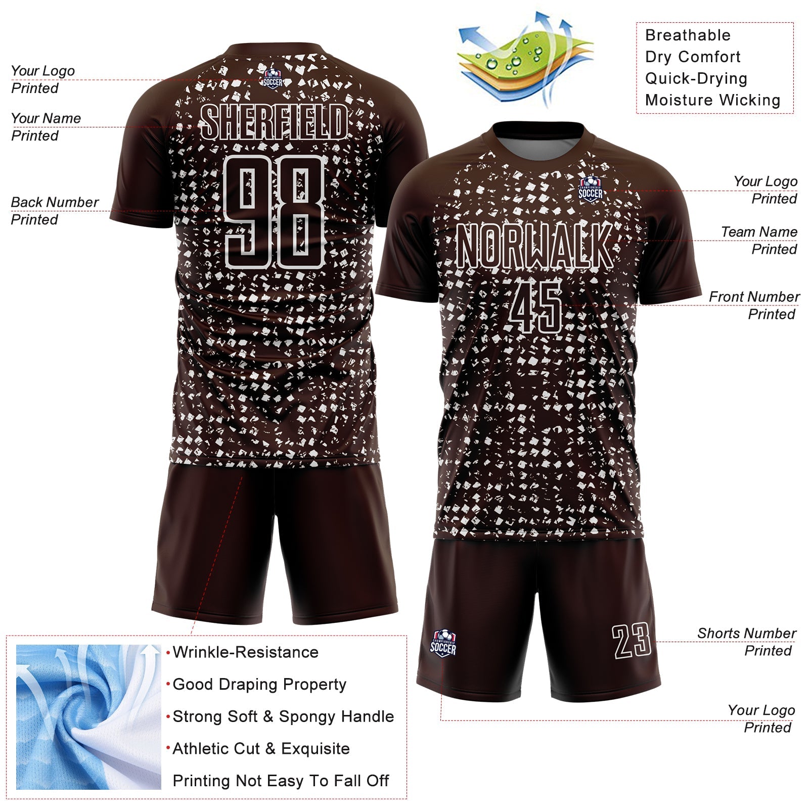 Custom Brown White Digital Geometric Fragment Speckles Sublimation Soccer Uniform Jersey