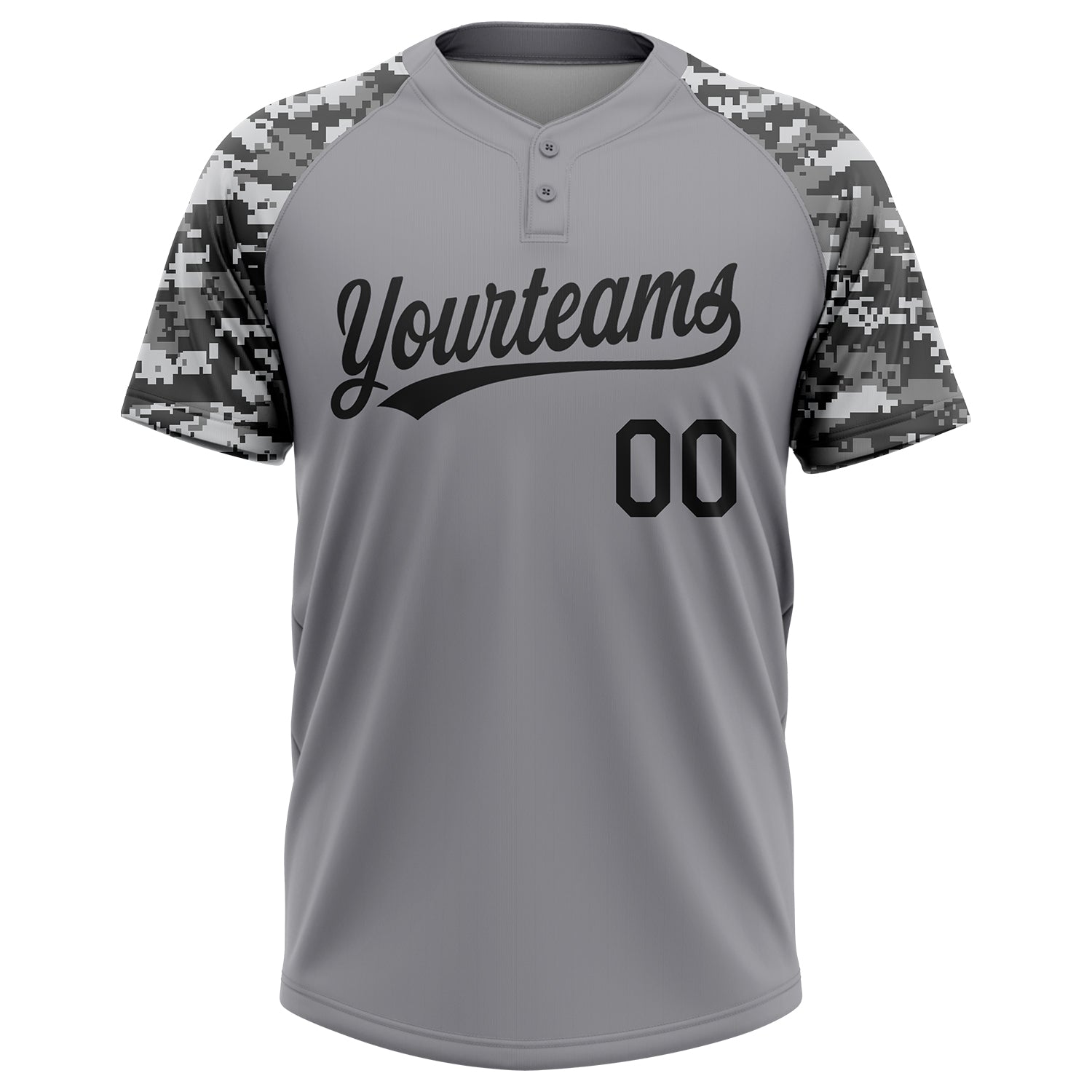 Custom Gray Black Camo Raglan Sleeves Two-Button Unisex Softball Jersey