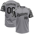 Custom Gray Black Camo Raglan Sleeves Two-Button Unisex Softball Jersey
