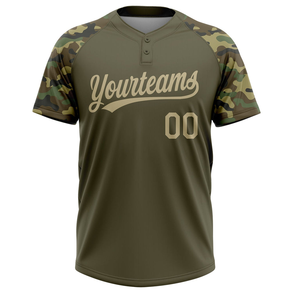Custom Olive Vegas Gold Camo Raglan Sleeves Salute To Service Two-Button Unisex Softball Jersey
